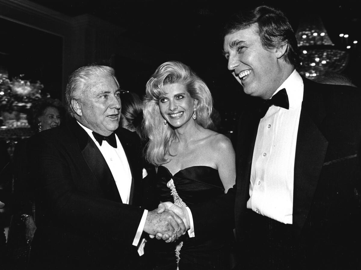 Original published caption: Ivana and Donald Trump, in happier times. Their split sparked frenzied media attention, but some New Yorkers find the saga tiresome. [Also pictured is Merv Griffin.]