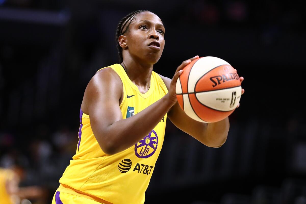 Sparks guard Chelsea Gray shoots a free throw against the Minnesota Lynx on Aug. 20.