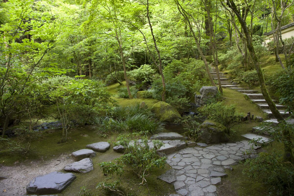 Two styles of pavement are seen at the Portland Japanese Garden.