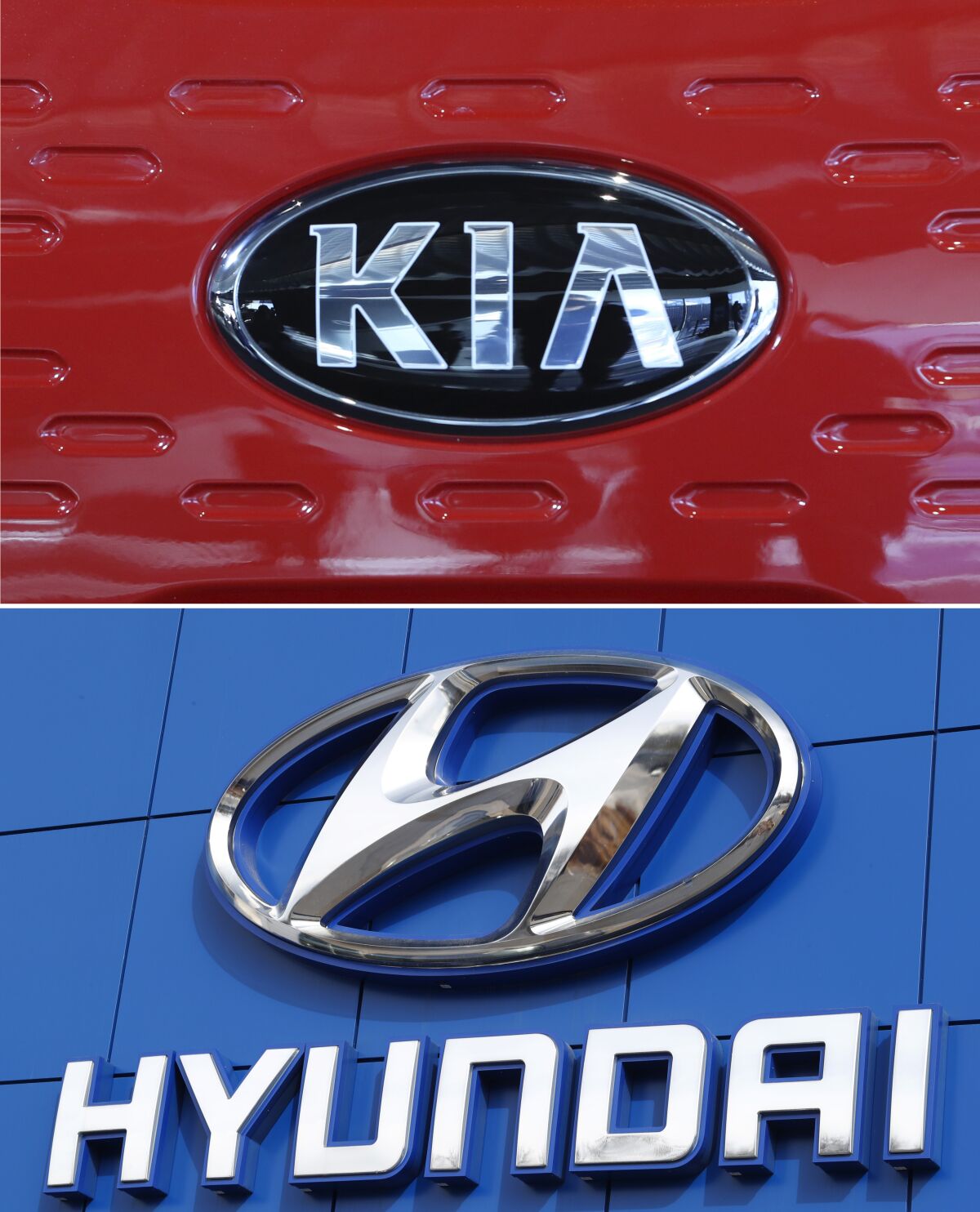 FILE- This combination of file photos shows the logo of Kia Motors during an unveiling ceremony on Dec. 13, 2017, in Seoul, South Korea, top, and a Hyundai logo on the side of a showroom on April 15, 2018, in the south Denver suburb of Littleton, Colo., bottom. The Korean automakers are recalling over 591,000 vehicles in the U.S. to fix a brake fluid leak that could cause engine fires. (AP Photo, File)