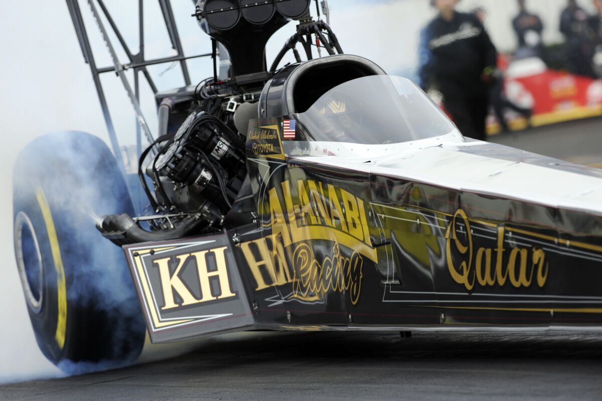 Top Fuel driver Khalid alBalooshi powered his Al-Anabi Racing dragster to victory during the 2014 Winternationals at Auto Club Raceway in Pomona in February 2014.