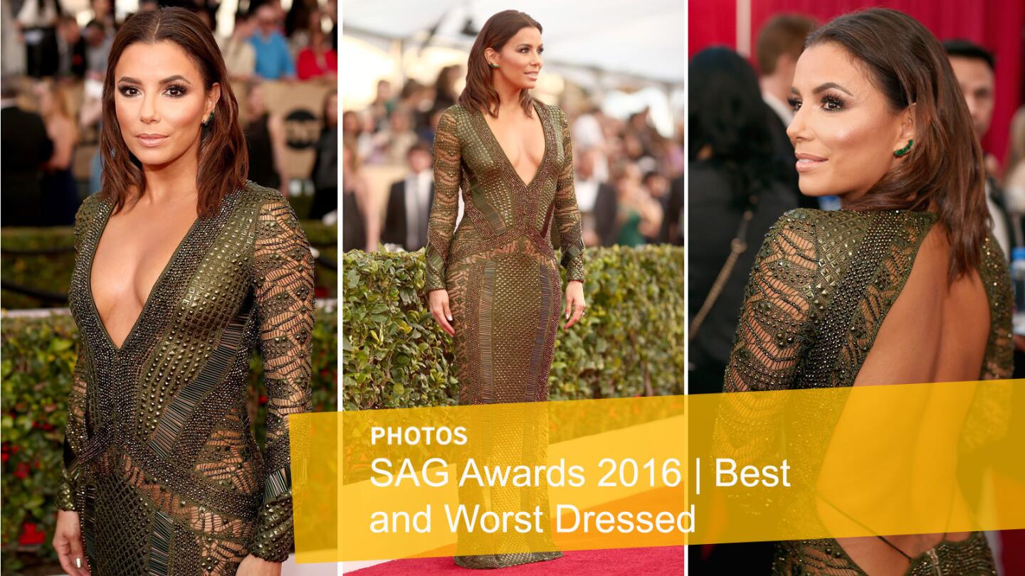 Eva Longoria in a beaded mesh, body-baring Julien Macdonald dress with deep décolletage and a bare back.