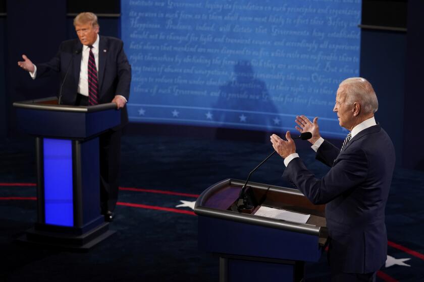 President Donald Trump and Democratic presidential candidate former Vice President Joe Biden exchange points during the first presidential debate Tuesday, Sept. 29, 2020, at Case Western University and Cleveland Clinic, in Cleveland, Ohio. (AP Photo/Morry Gash, Pool)
