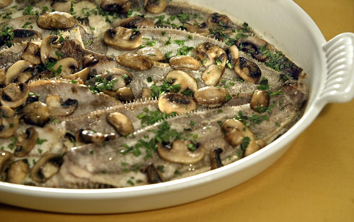 Rex sole baked with mushrooms and cream