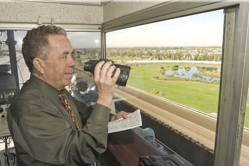 Around 9 p.m. on Sunday night, Ed Burgart will hoist his binoculars, step behind the microphone and spend around 20 seconds calling his last race as the full-time quarter-horse announcer at Los Alamitos Race Course.