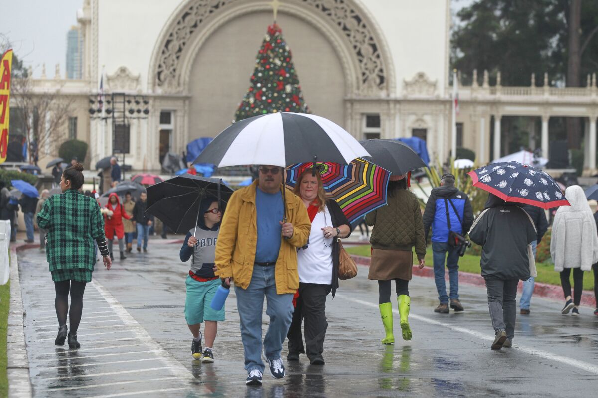 With the Spreckels Organ Pavilion in the background, people walk in the rain during the second day of December Nights at Balboa Park on Dec. 7. San Diego recorded 4.03 inches of rain in December, which was the city's wettest month of 2019.
