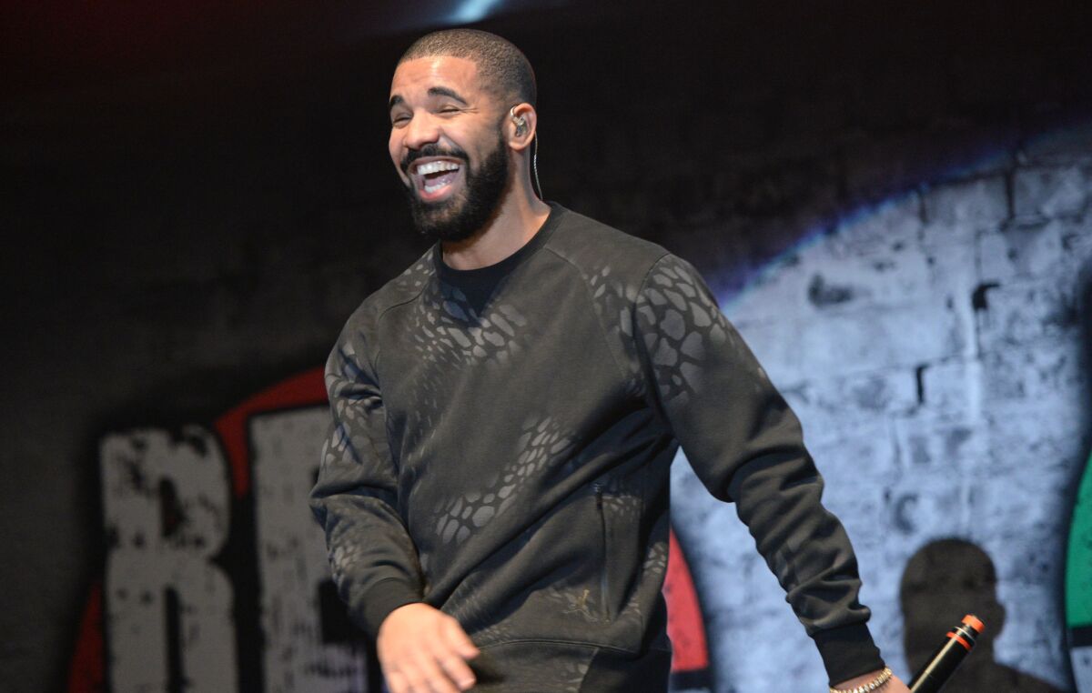 Drake performs at a 2015 show at the Forum in Inglewood.