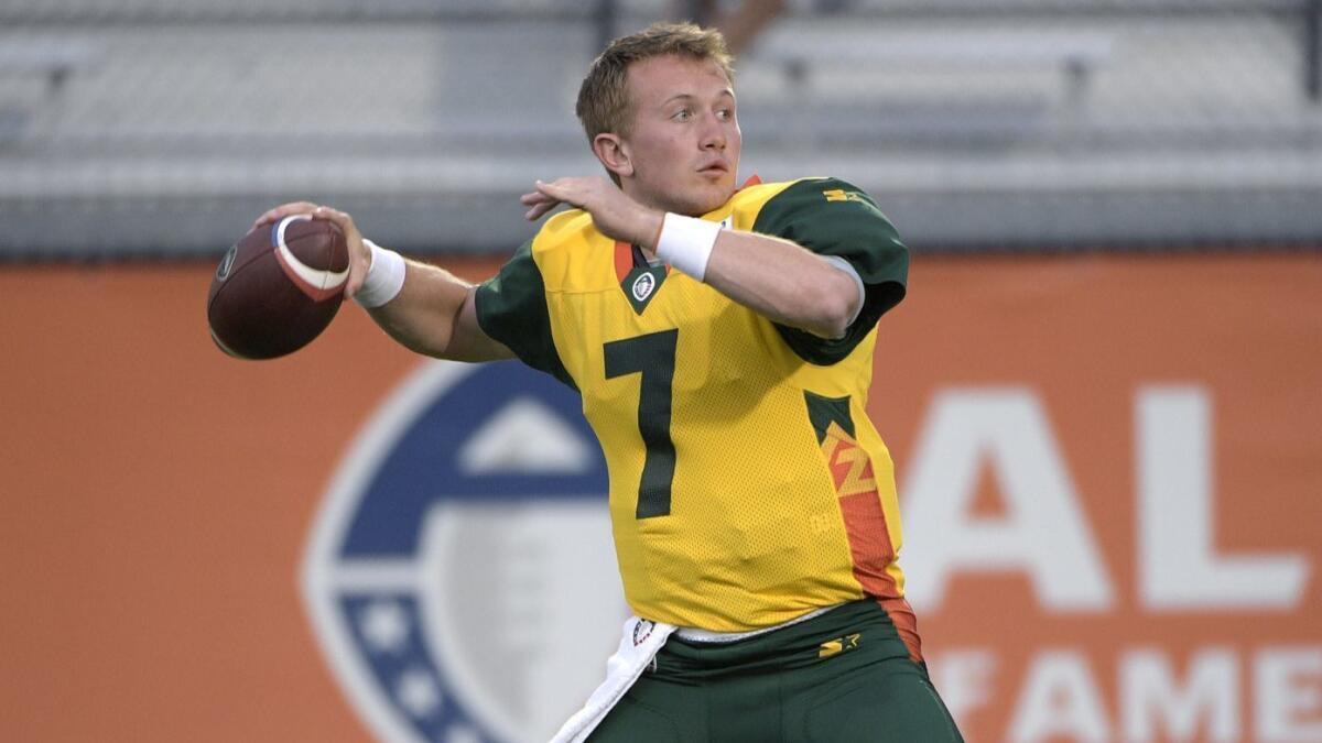 Arizona Hotshots quarterback John Wolford warms up before an AAF game against the Orlando Apollos on March 16. The league ceased operations last week.