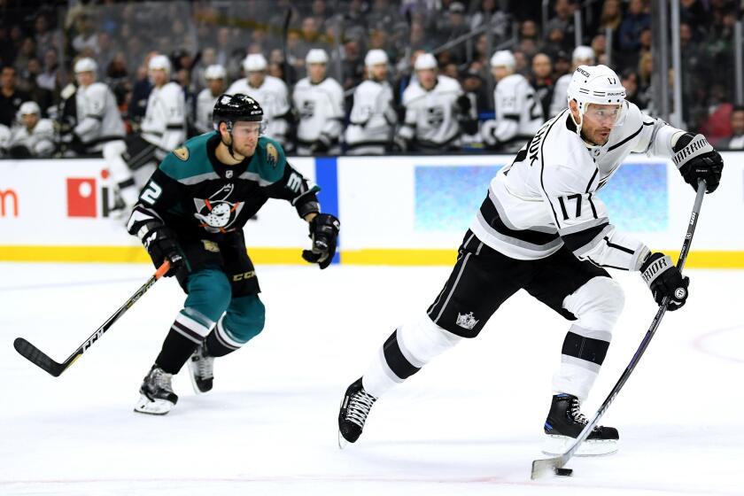 LOS ANGELES, CA - NOVEMBER 06: Ilya Kovalchuk #17 of the Los Angeles Kings one times a shot to score a goal in front of Jacob Larsson #32 of the Anaheim Ducks, to take a 3-0 lead, during the second period at Staples Center on November 6, 2018 in Los Angeles, California. (Photo by Harry How/Getty Images) ** OUTS - ELSENT, FPG, CM - OUTS * NM, PH, VA if sourced by CT, LA or MoD **