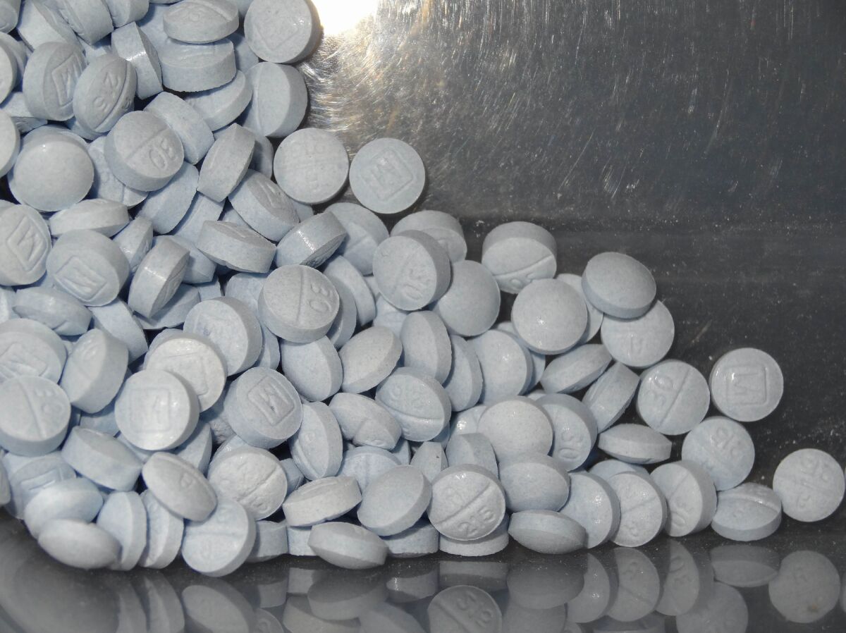 A photo of fentanyl-laced fake oxycodone pills.