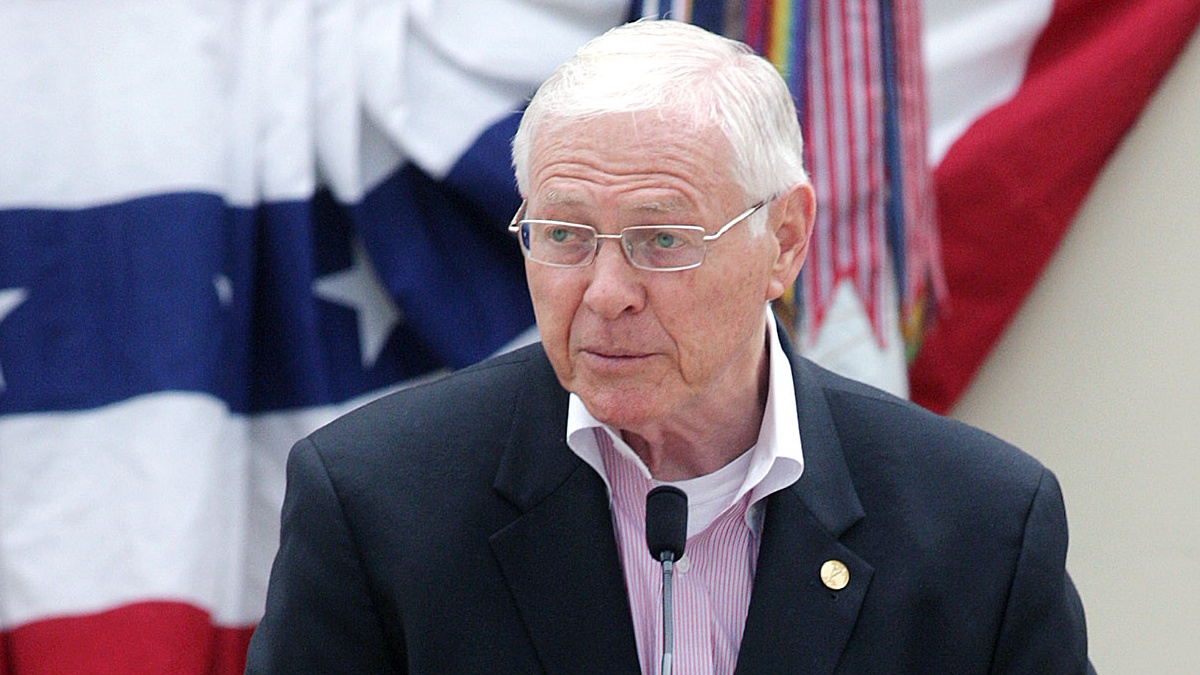 Los Angeles County Supervisor Michael Antonovich speaks at a Memorial Day ceremony outside Glendale City Hall on Monday, May 30, 2016.