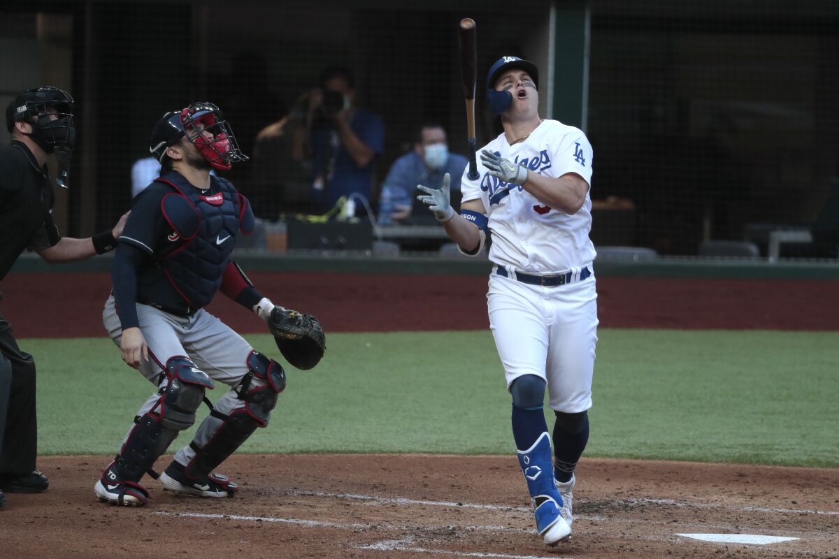 Dodgers left fielder Joc Pederson reacts in disgust after popping out.