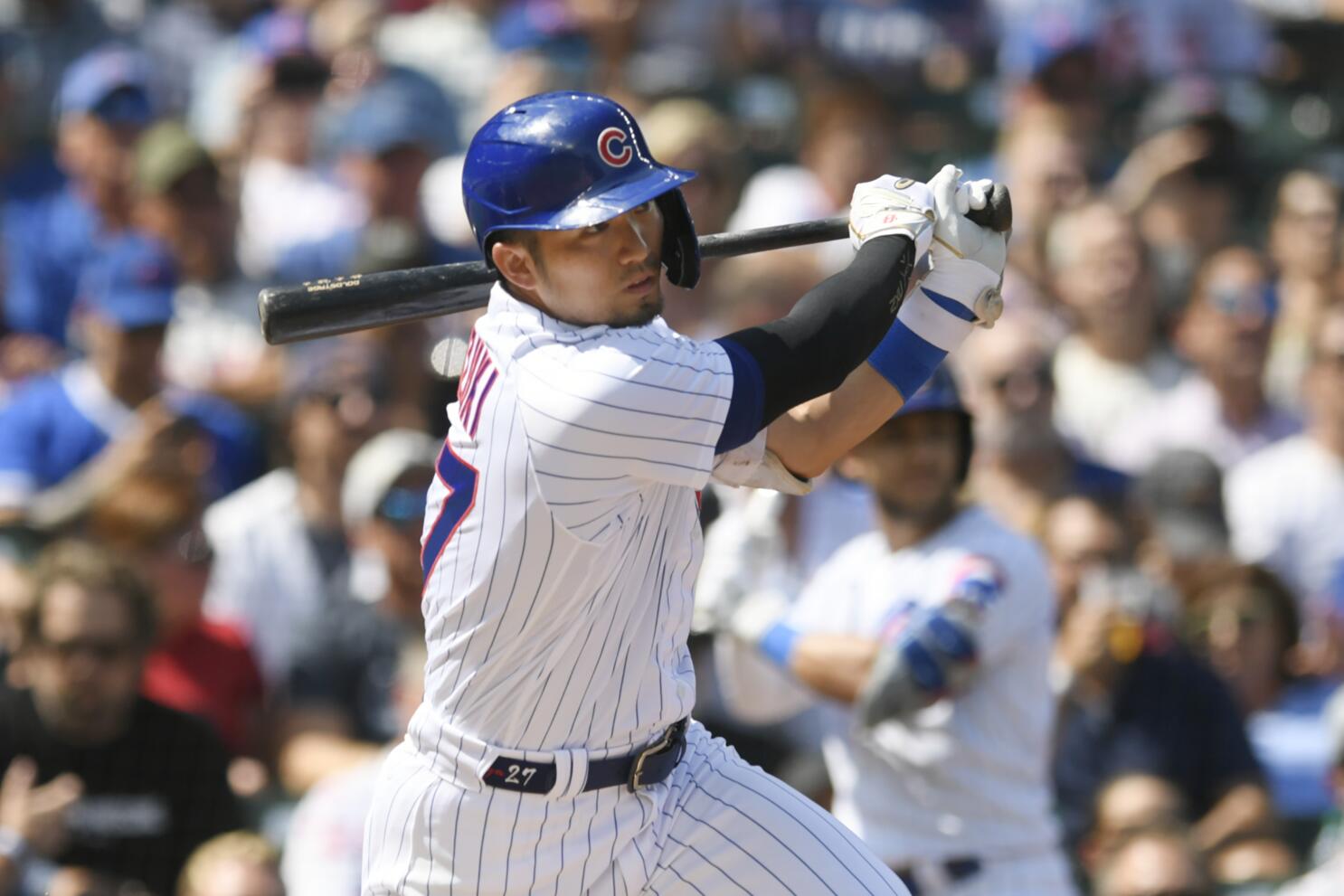 Chicago Cubs' Seiya Suzuki batting during the first inning of a