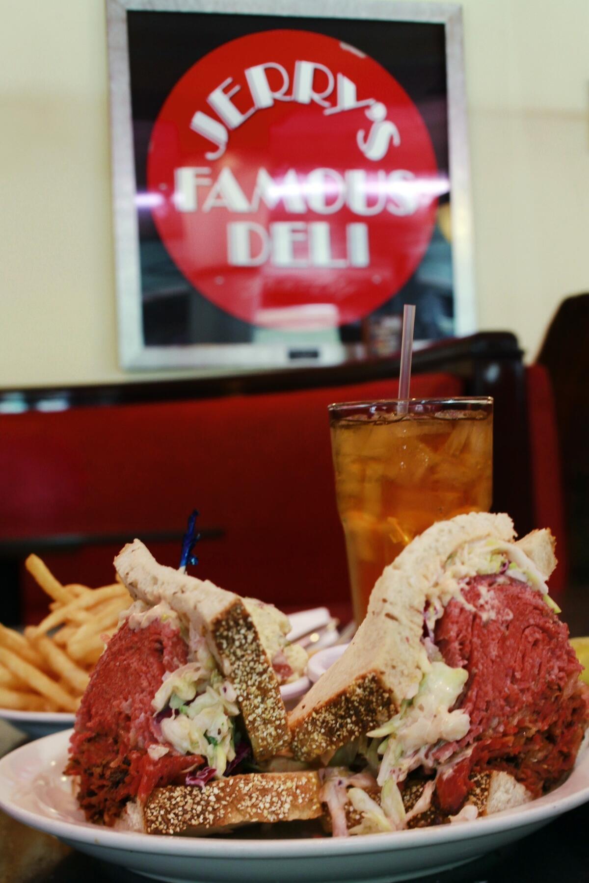 The "Mile High" corned beef sandwich at Jerry's Famous Deli.