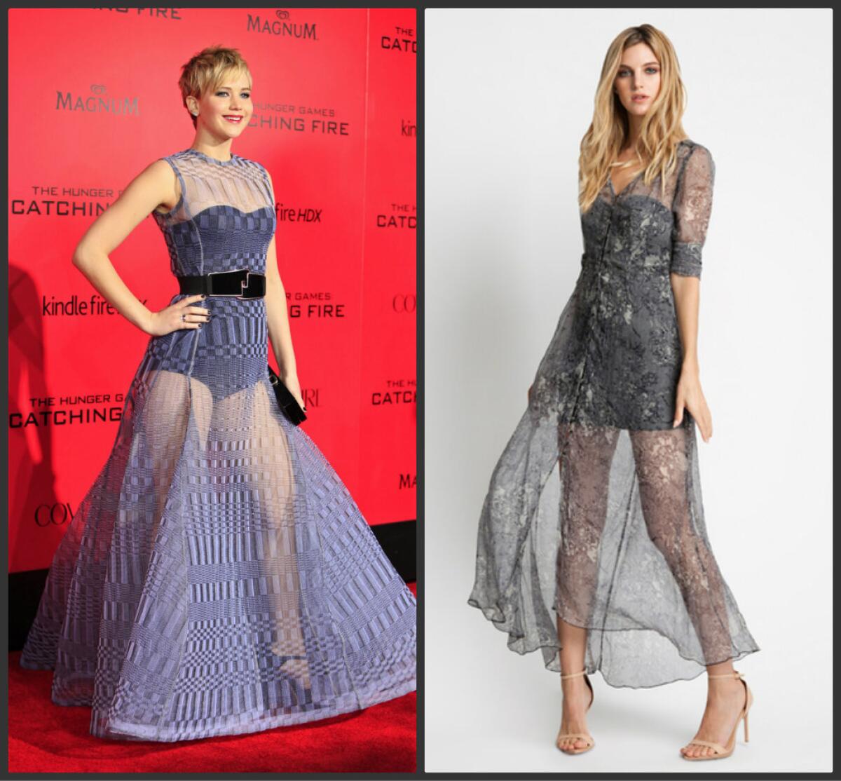 Jennifer Lawrence, left, wears a sheer Dior Couture gown. The Monk dress, right, on Stylesaint.com provides a similar look.