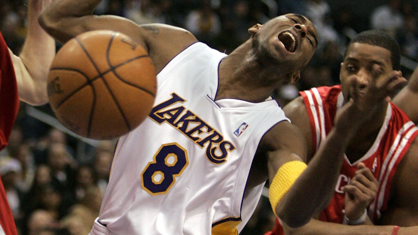 Lakers star Kobe Bryant reacts after being fouled by the Houston Rockets' Ryan Bowen (not pictured) in the first quarter of a game at Staples Center on Dec. 18, 2005.