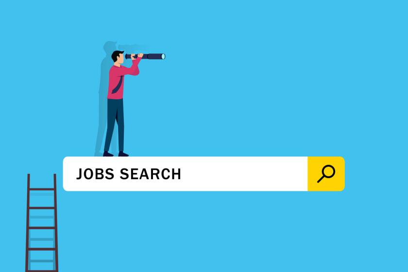 Businessman climbs up ladder of job search bar with telescope to see opportunity.