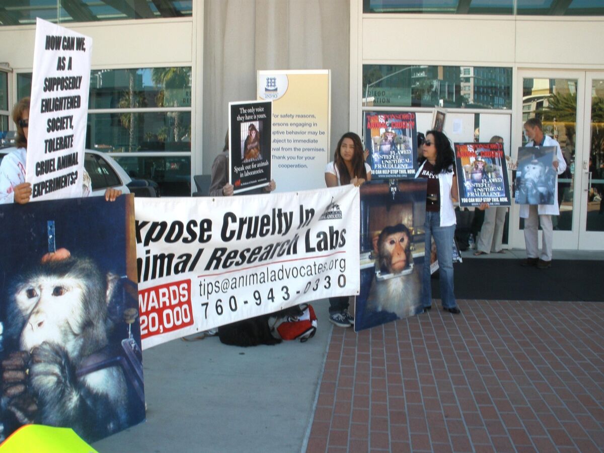 Animal-rights protesters in front of the San Diego Convention Center on Saturday, November 13, 2010, targeted the gathering of the Society of Neuroscience, which is meeting here through Thursday.