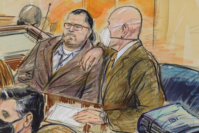 An artist sketch depicts Guy Wesley Reffitt and his lawyer in court.
