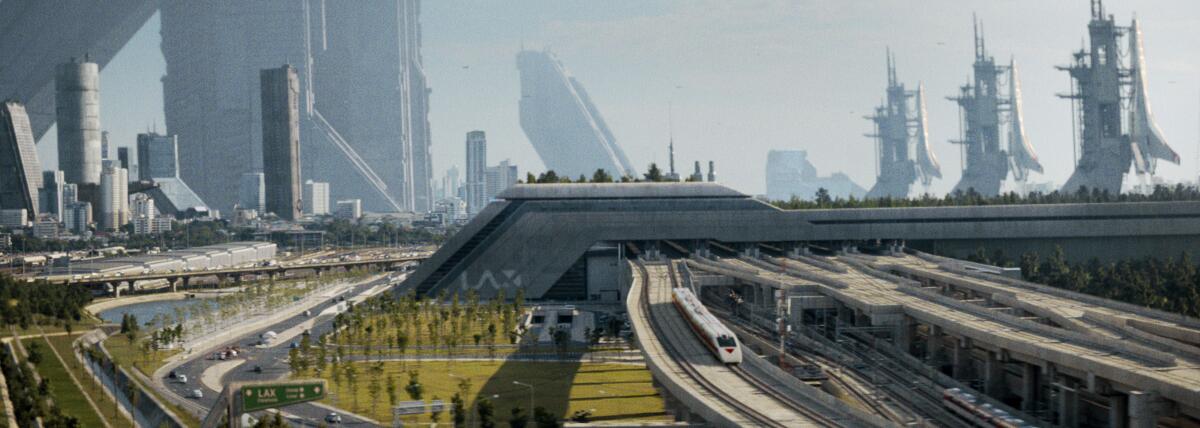 A futuristic airport looms in the distance.