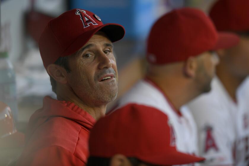 ANAHEIM, CA - AUGUST 30: Manager Brad Ausmus #12 of the Los Angeles Angels looks on from the dugout before playing the Boston Red Sox at Angel Stadium of Anaheim on August 30, 2019 in Anaheim, California. (Photo by John McCoy/Getty Images)