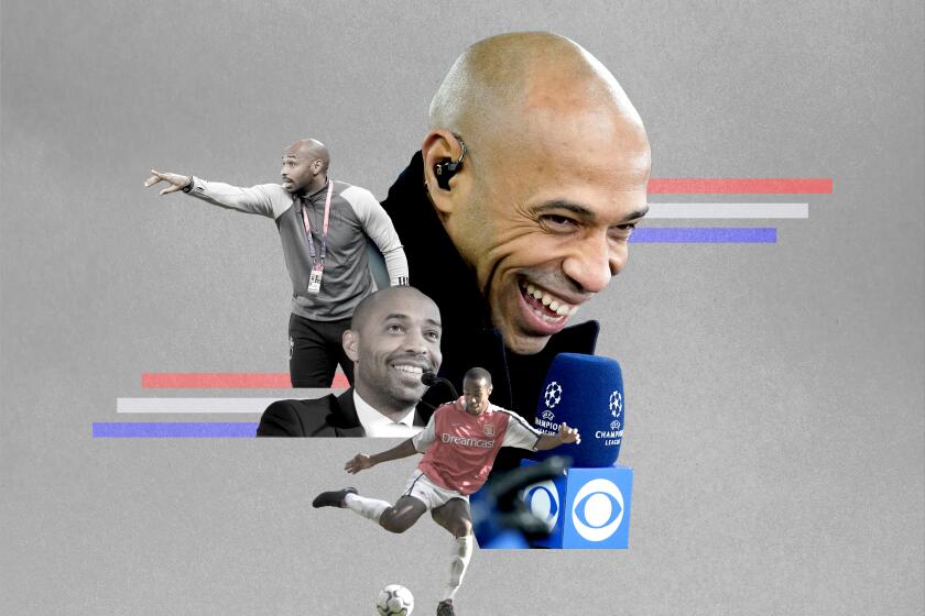 Photo illustration of four images of Thierry Henry from four different times in his career: commentating, coaching, playing