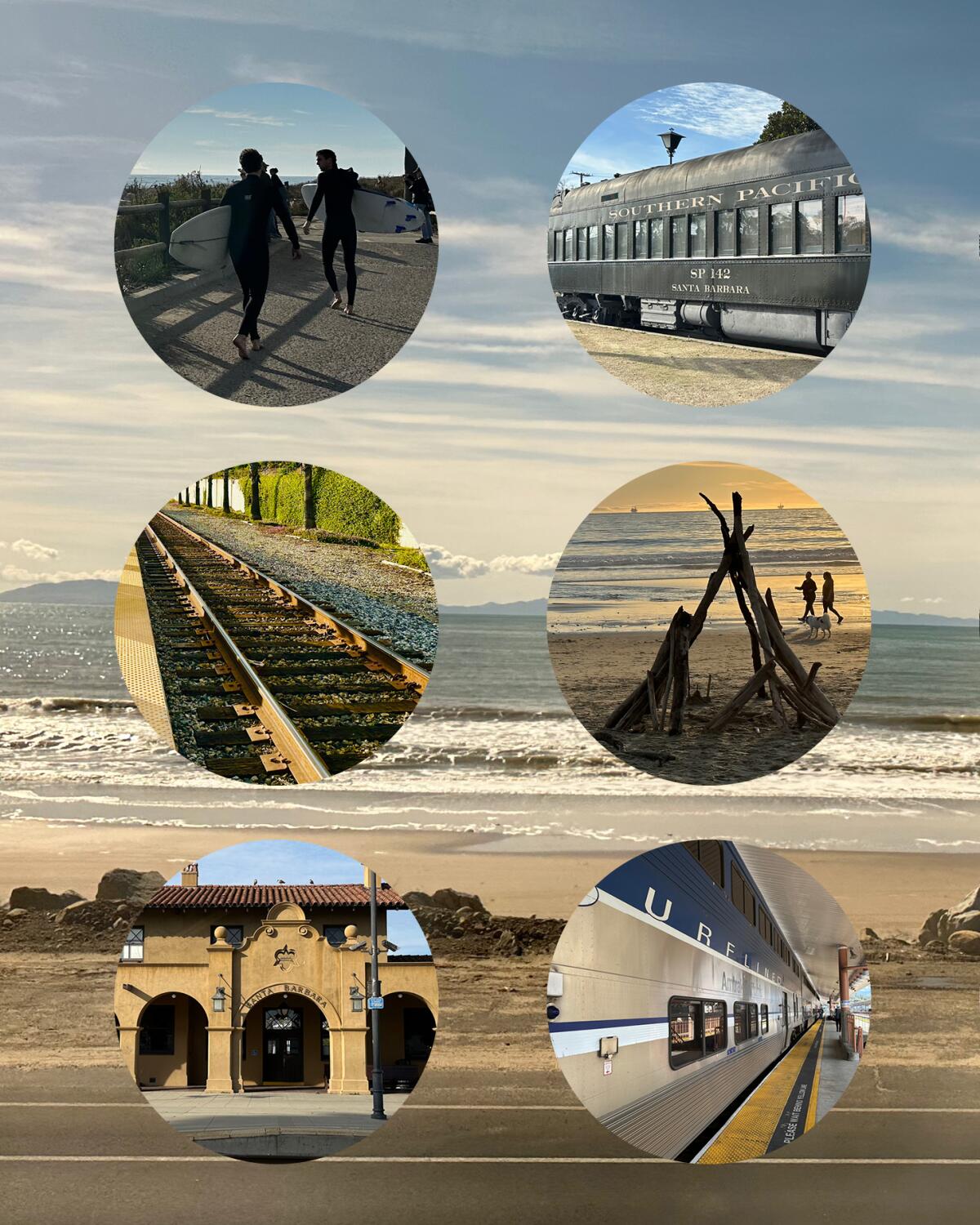 circular photo montage of beach scenes, trains, and weekend destinations
