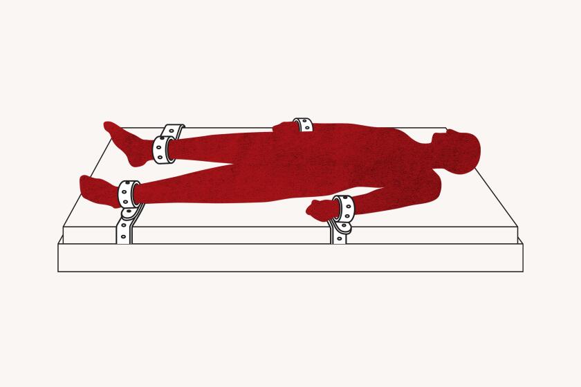 illustration of a figure in red silhouette being restrained on a bed