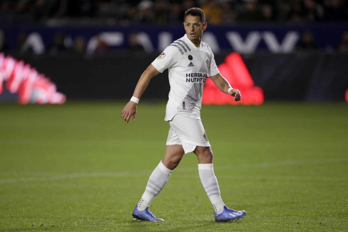 Galaxy forward Javier Hernandez walks on the pitch against the Vancouver Whitecaps.