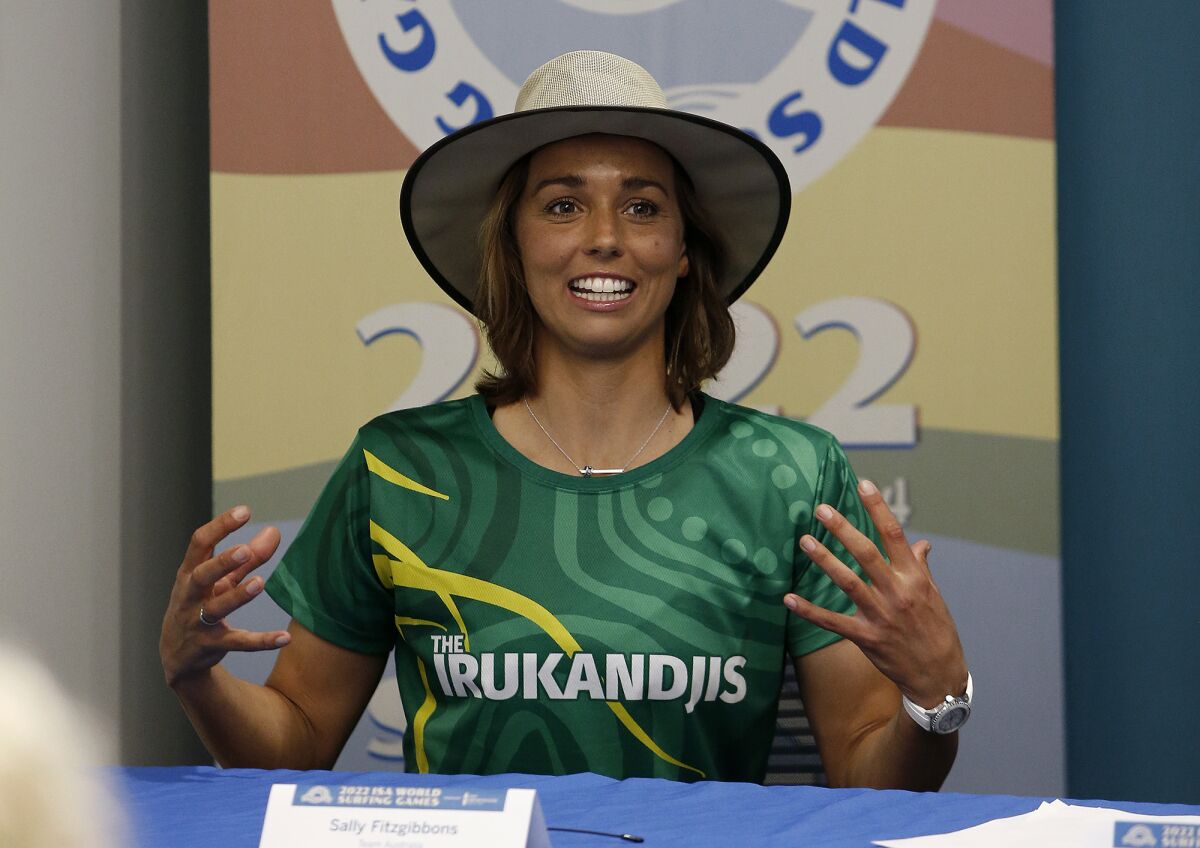 Australian team surfer Sally Fitzgibbons speaks at a press conference for the ISA World Surfing Games on Friday.