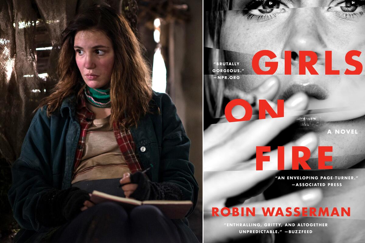 A young woman with an open book on her lap, left; the cover of the book "Girls on Fire" by Robin Wasserman.