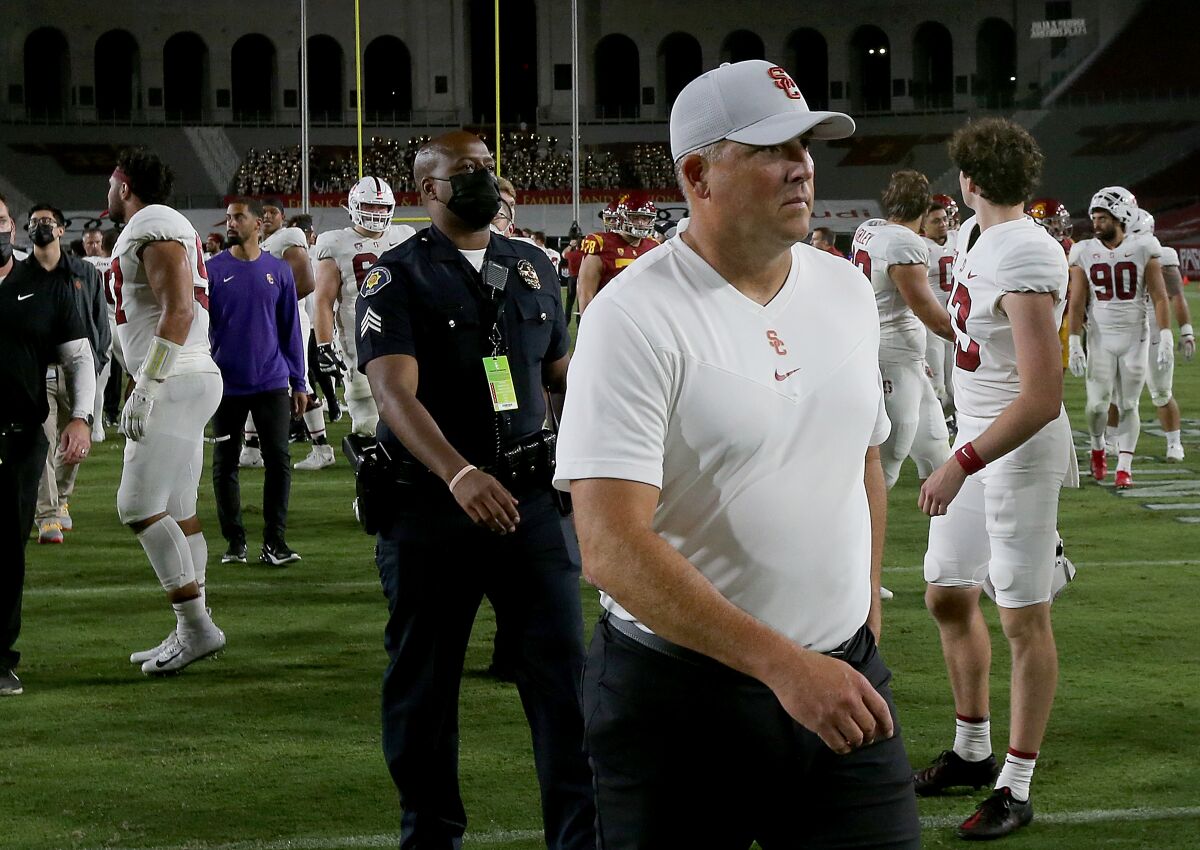 LOS ANGELES, CALIF. - SEP 11, 2021. USC head coach Clay Helton leaves the field after loss to Stanford