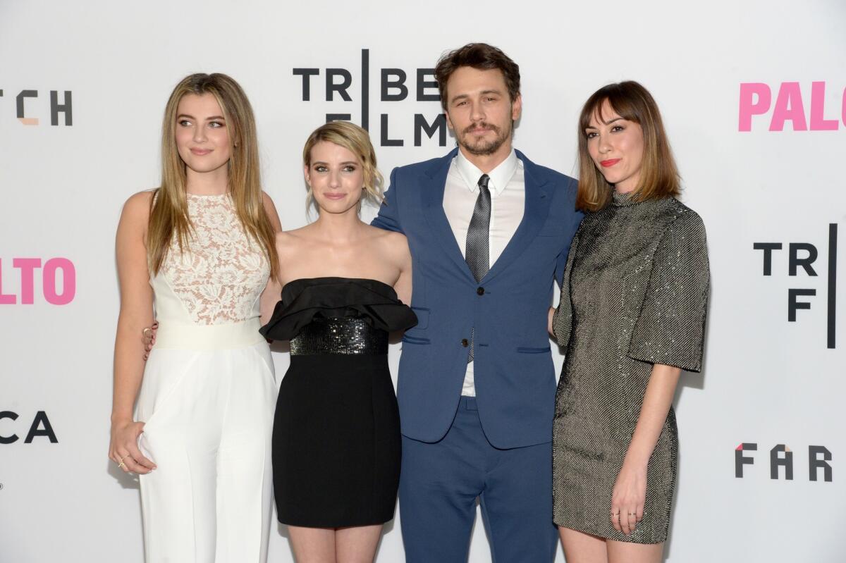 From left, actors Zoe Levin and Emma Roberts, actor/writer James Franco and director Gia Coppola attend the premiere of "Palo Alto" at the Directors Guild Of America on Monday.