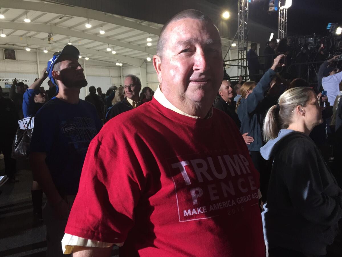 Eddie Creech, a tobacco, corn and bean farmer, attends a Donald Trump rally in Kinston, N.C. (Lisa Mascaro / Los Angeles Times)