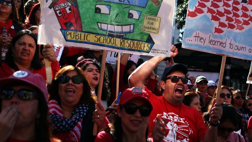 Thousands of striking Los Angeles Unified teachers gather in front of Los Angeles City Hall on Jan. 22.
