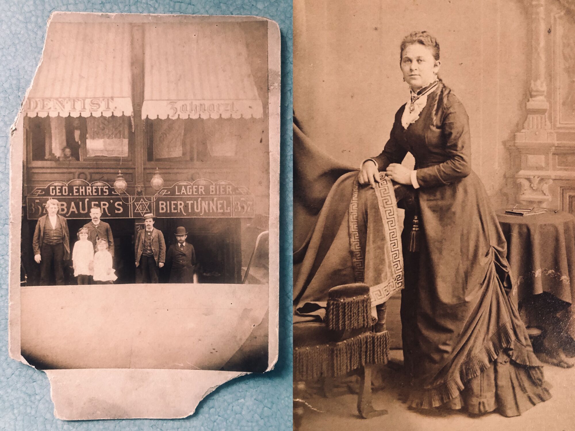 An old photo of people standing at a storefront, left, and an old photo of a woman 