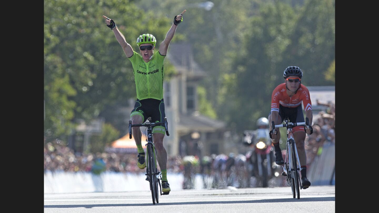 Ben King celebrates after winning stage 2 of the Amgen Tour of California in Santa Clarita on May 16.