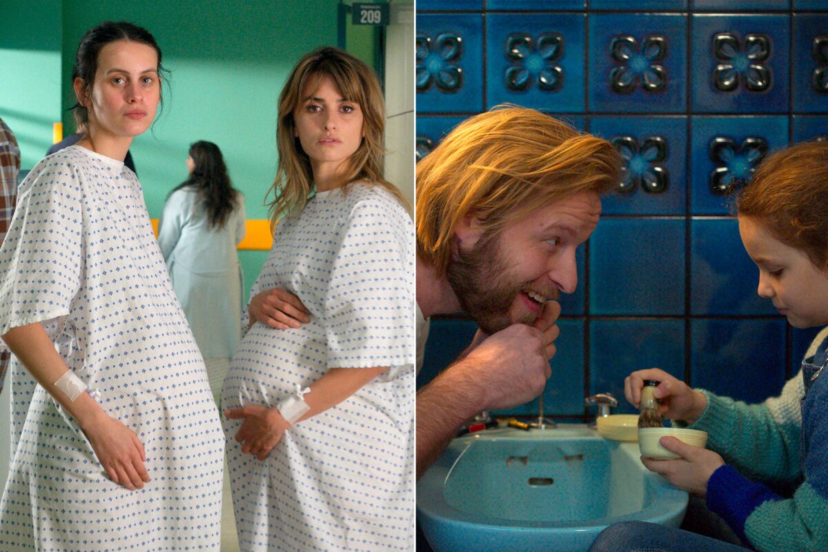 Side-by-side photos of two pregnant women in hospital gowns and a man and a child at a sink.