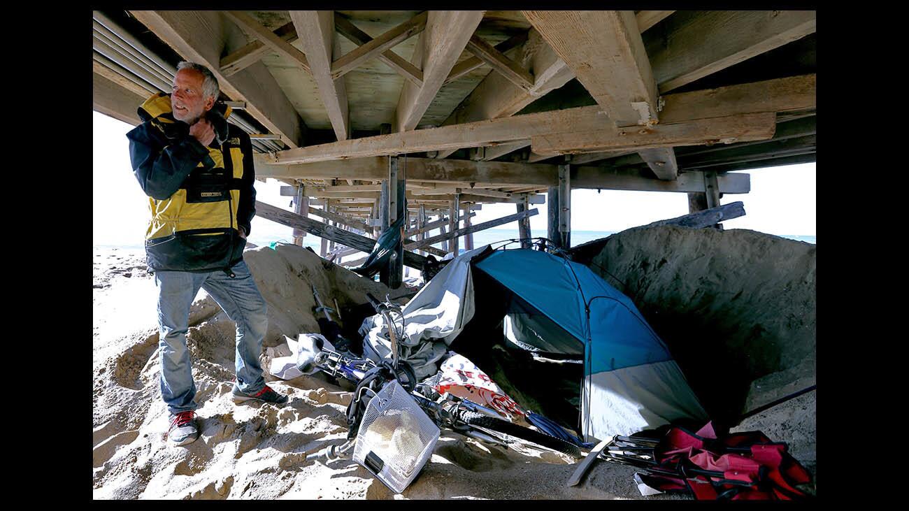 Sixty-year old Tom Gallenkamp, camping under the Balboa Pier, has been homeless for about eight months, in Newport Beach on Wednesday, Feb. 6, 2019. Gallenkamp said he lost his home of about a dozen years when the owner decided to renovate the complex.
