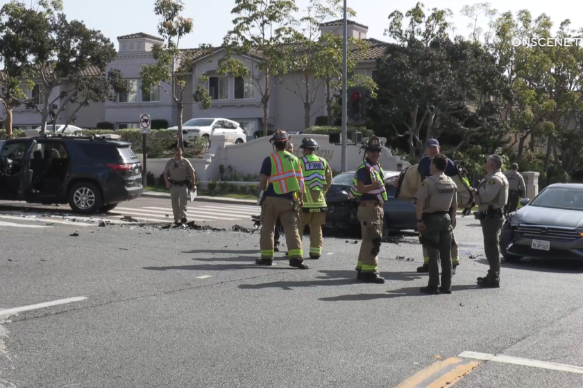 Five people were hospitalized after a suspected DUI driver crashed into two vehicle Sunday morning at an Encinitas intersection, authorities said.