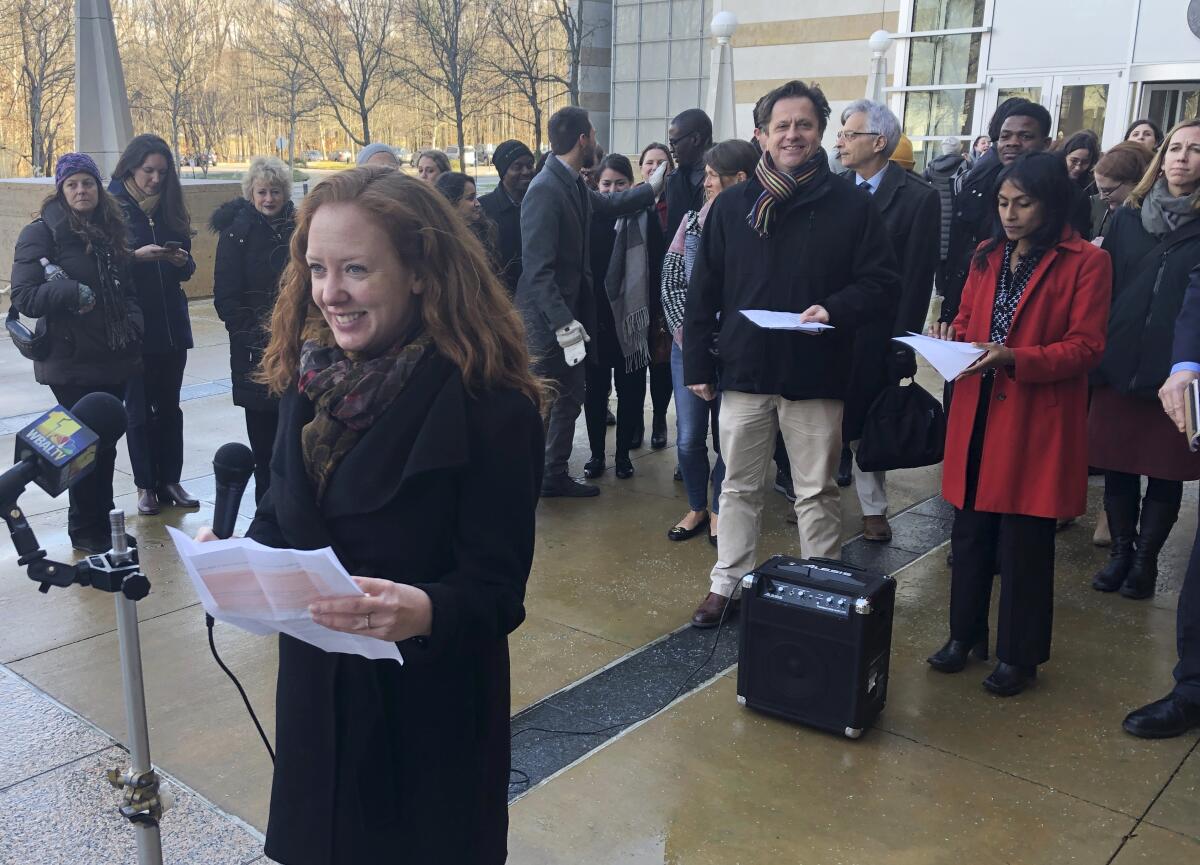 Linda Evarts, an attorney for the International Refugee Assistance Project, speaks to the media outside the federal courthouse in Greenbelt, Md., on Jan. 8.