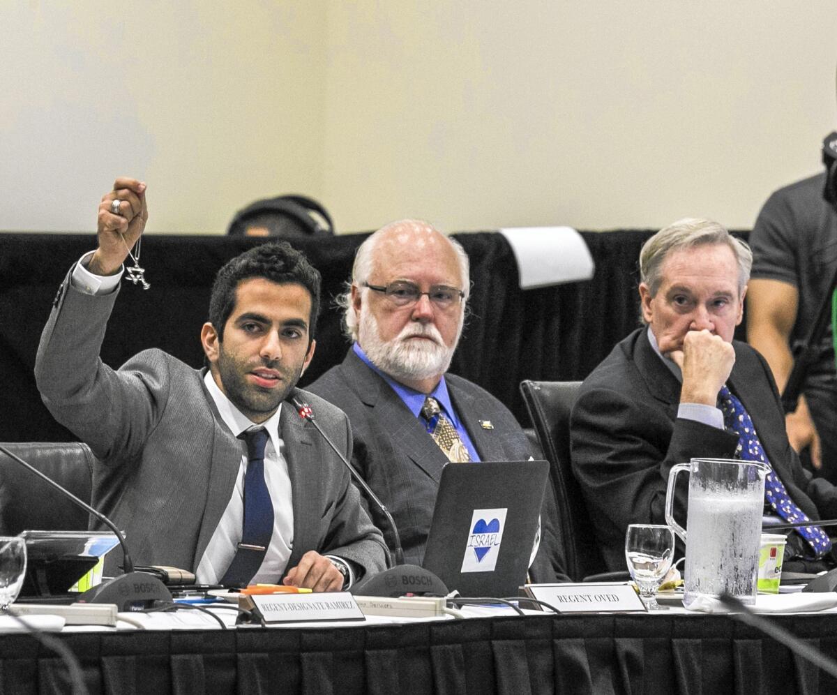 The UC’s Student Regent, Abraham Oved, holds up a Star of David as he addresses the Board of Regents meeting at UC Irvine to discuss a controversial policy statement on intolerance on Sept. 17, 2015.