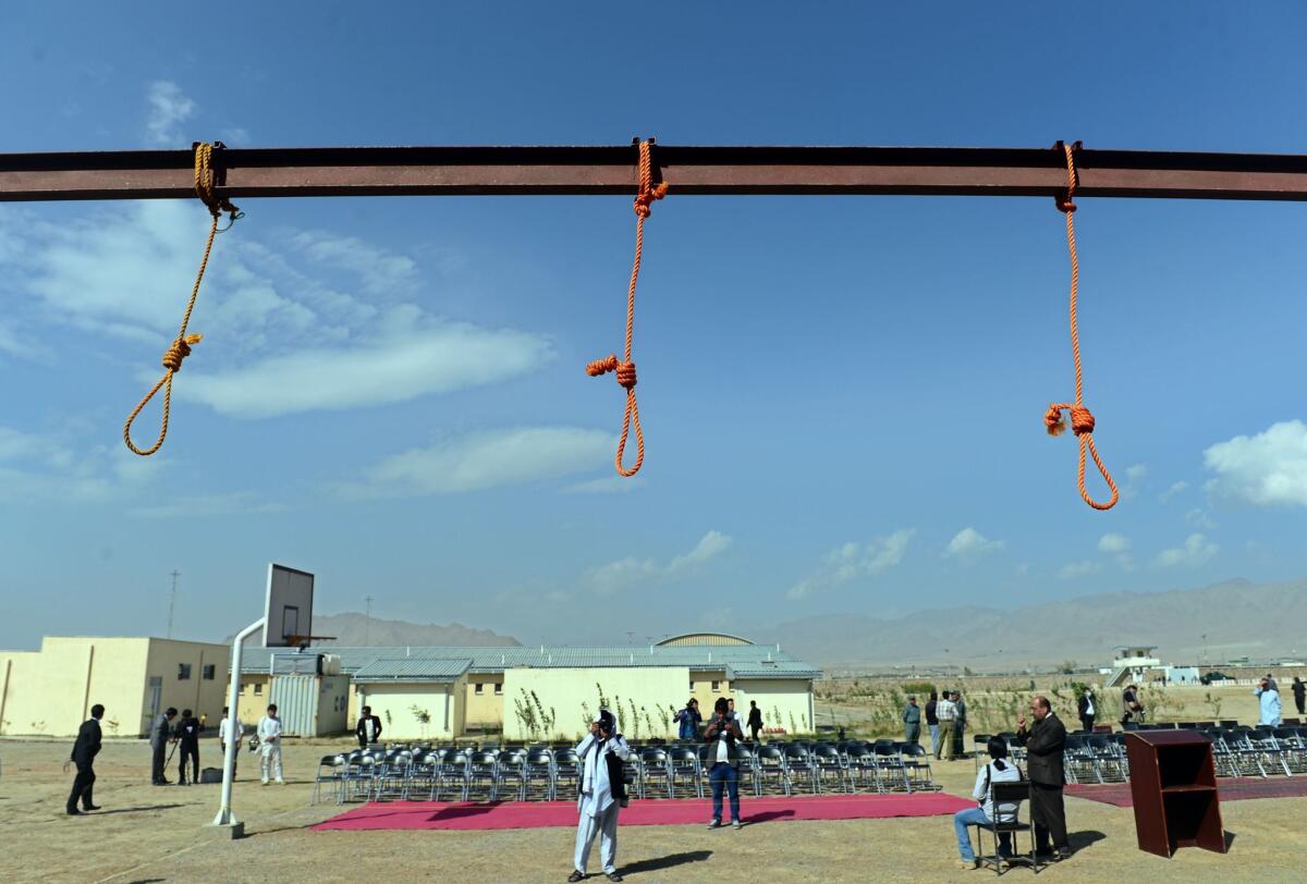 Nooses hang at Afghanistan's Pul-e-Charkhi prison, where five men were executed Oct. 8 for the gang rape of four women.