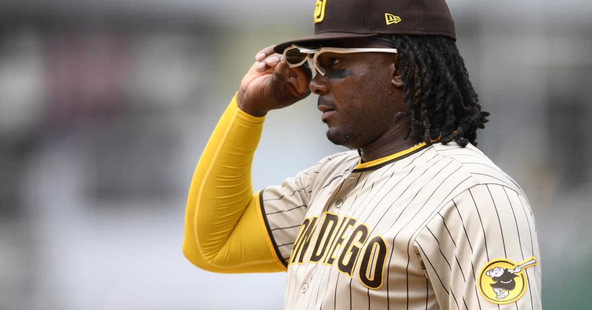 KANSAS CITY, MO - AUGUST 28: San Diego Padres first baseman Josh Bell (24)  looks on during an MLB game against the Kansas City Royals on August 28,  2022 at Kauffman Stadium