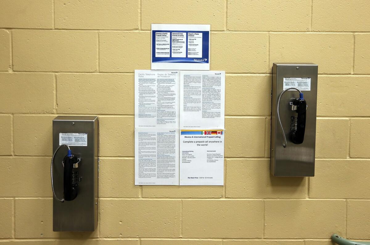 Pay phones for inmates on a wall at the Fremont Police Detention Facility in Fremont, California.