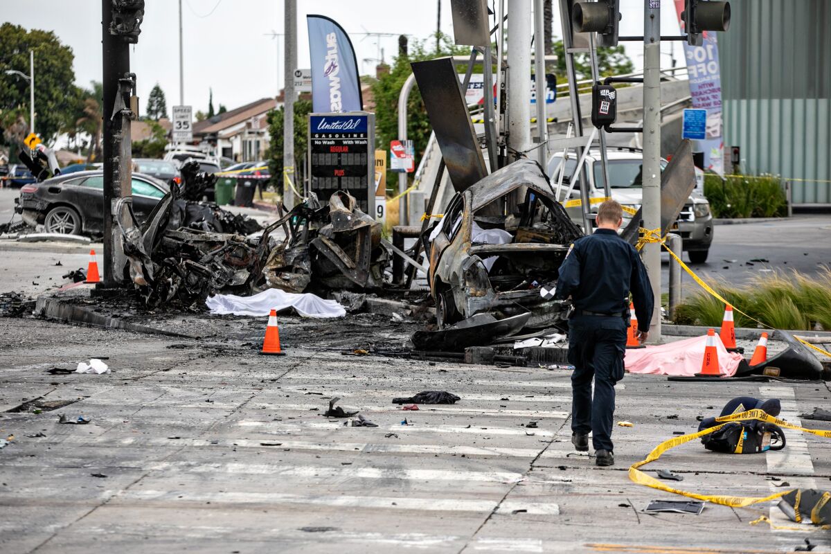 Scene of the crash site near a gas station