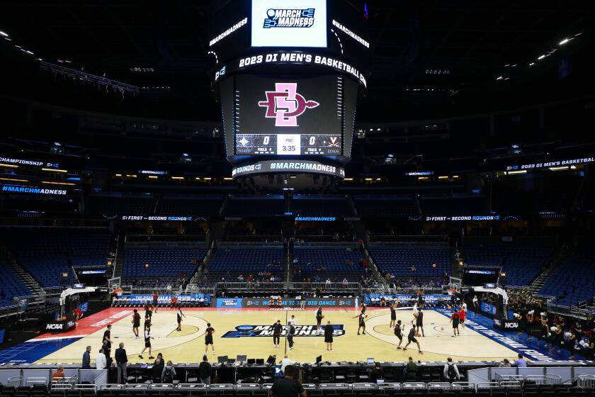 Orlando, FL - March 15: The San Diego State Aztecs practice at the Amway Center in Orlando after a practice ahead of their first round NCAA tournament game against the College of Charleston on Wednesday, March 15, 2023. (K.C. Alfred / The San Diego Union-Tribune)
