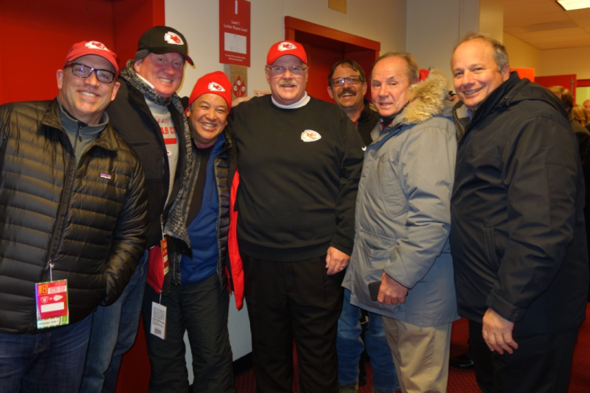 Chiefs coach Andy Reid with his friends (left to right): Bruce Backley, Mark LaBonge, Scott Lee, Coach Andy, Tony Stewart RIP, Tom LaBonge RIP, and Ted Pallas