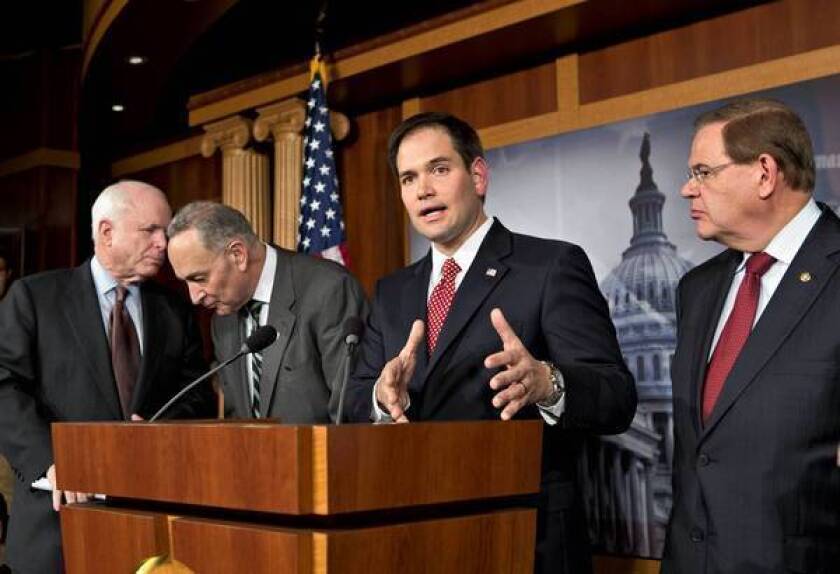 Sen. Marco Rubio (R-Fla.) speaks to journalists in January about a bipartisan immigration reform effort being undertaken by eight senators. With him are Sens. John McCain (R-Ariz.), left, Charles E. Schumer (D-N.Y.) and Robert Menendez (D-N.J.).