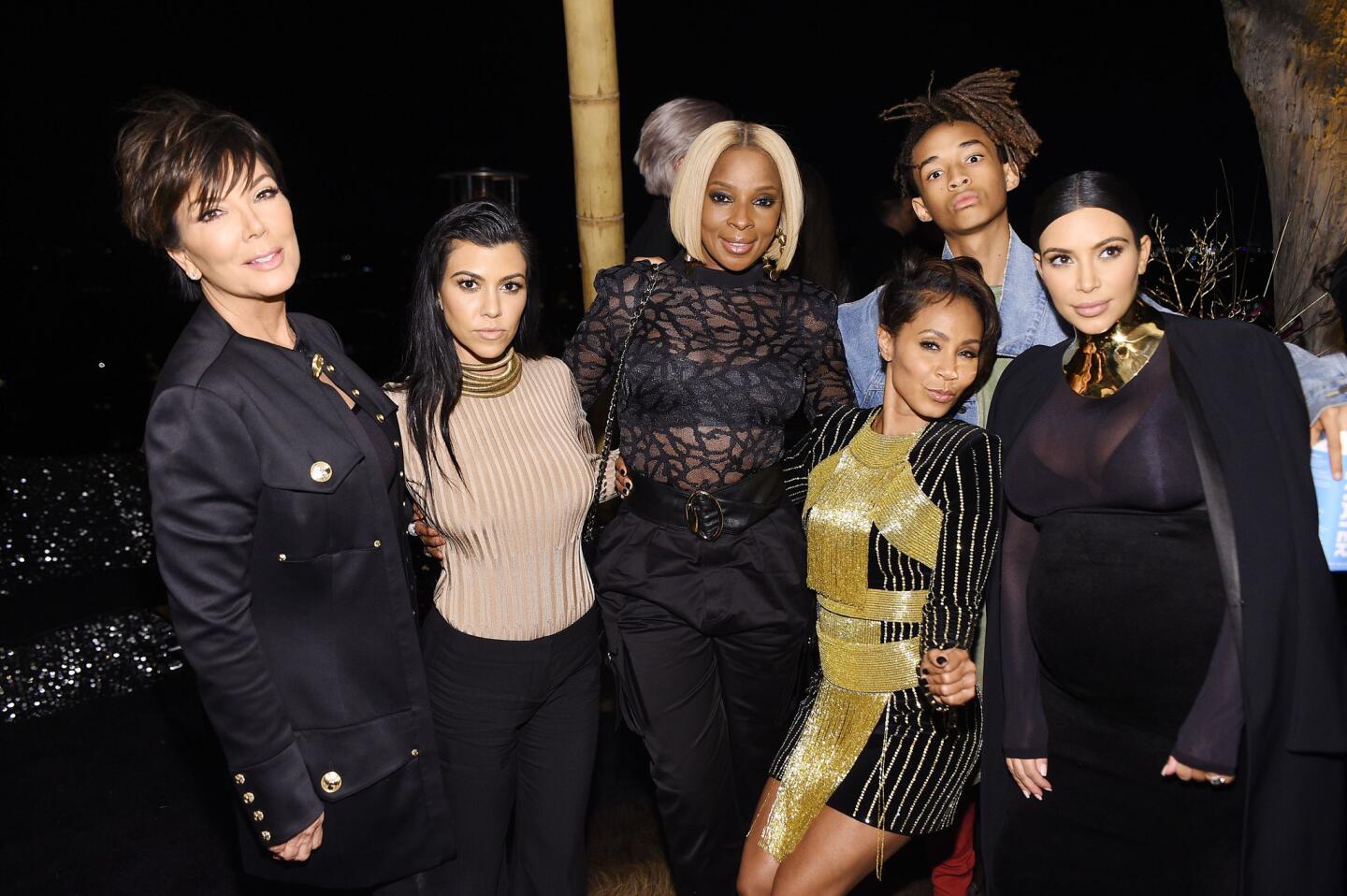 Guests at Oliver Rousteing's Laurel Canyon birthday bash, thrown by Beats, included, from left, Kris Jenner, Kourtney Kardashian, Mary J. Blige, Jada Pinkett Smith, Jaden Smith and Kim Kardashian West.